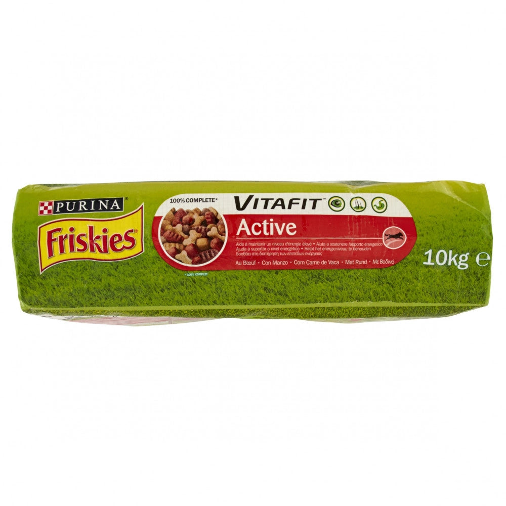 Multipack da 5 pz di purina friskies per cani crocchette vitafit active con manzo da 10 kg cad