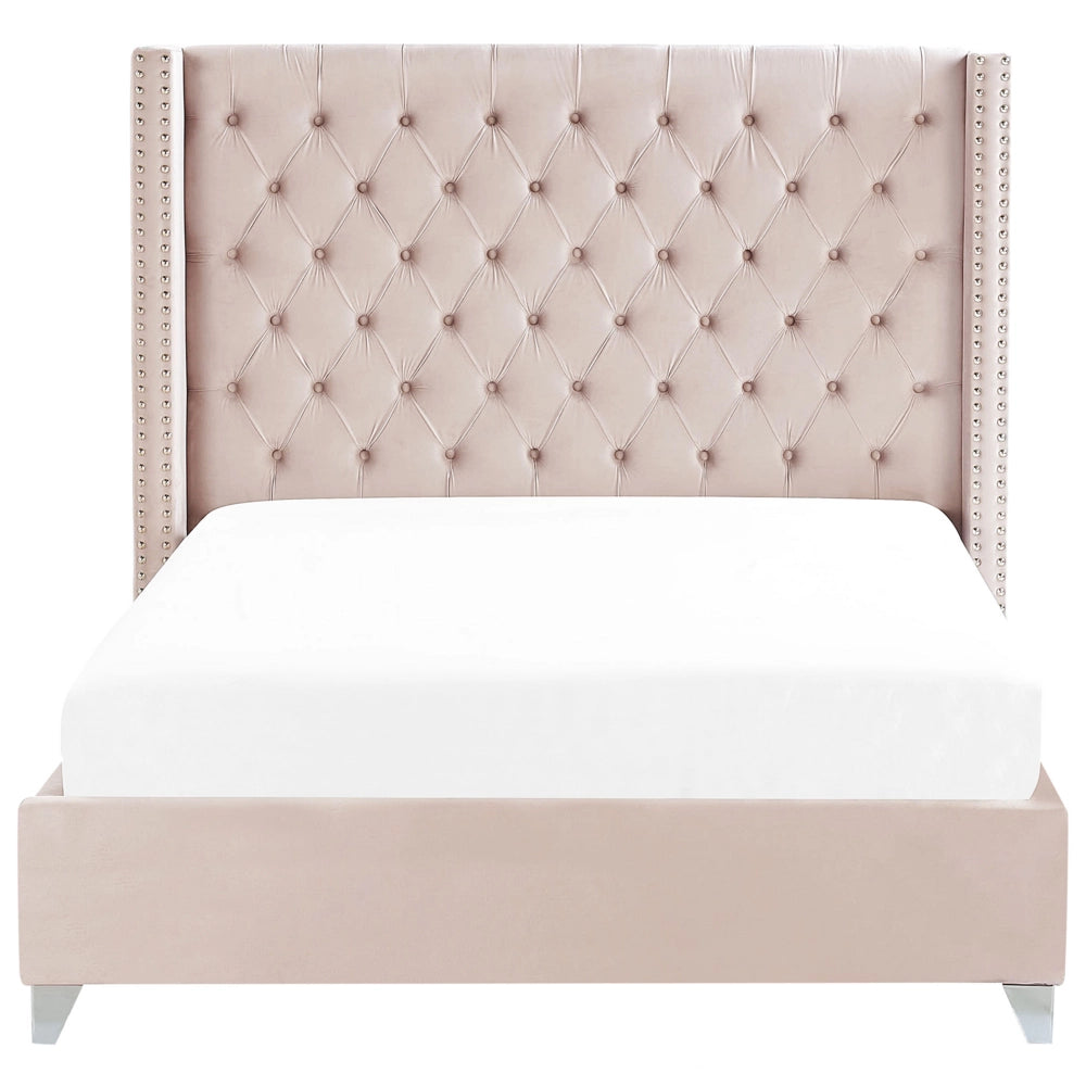 Letto a doghe velluto rosa imbottito trapuntato poggiatesta 160 x 200 cm stile glamour elegante