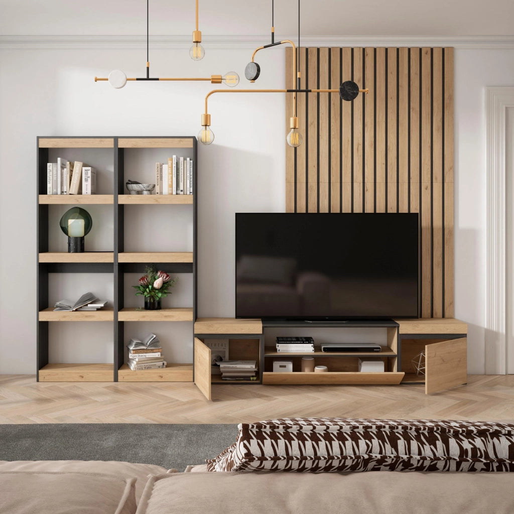 Mobile TV, Soggiorno, 320x35x186cm, Per TV fino a 80", Set di mobili, colore Rovere e nero RF2601