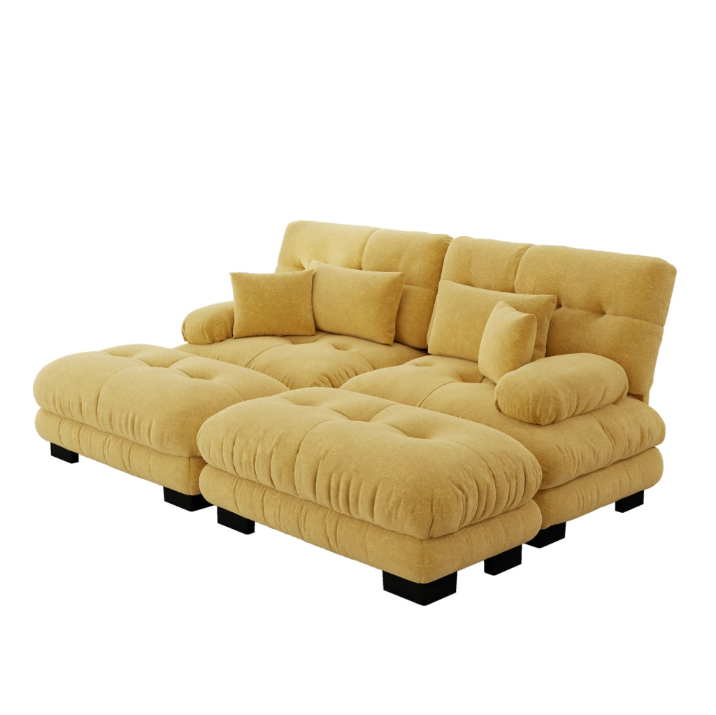 Divano modulare in chenille giallo con 2 pouf; 220x145x81 cm