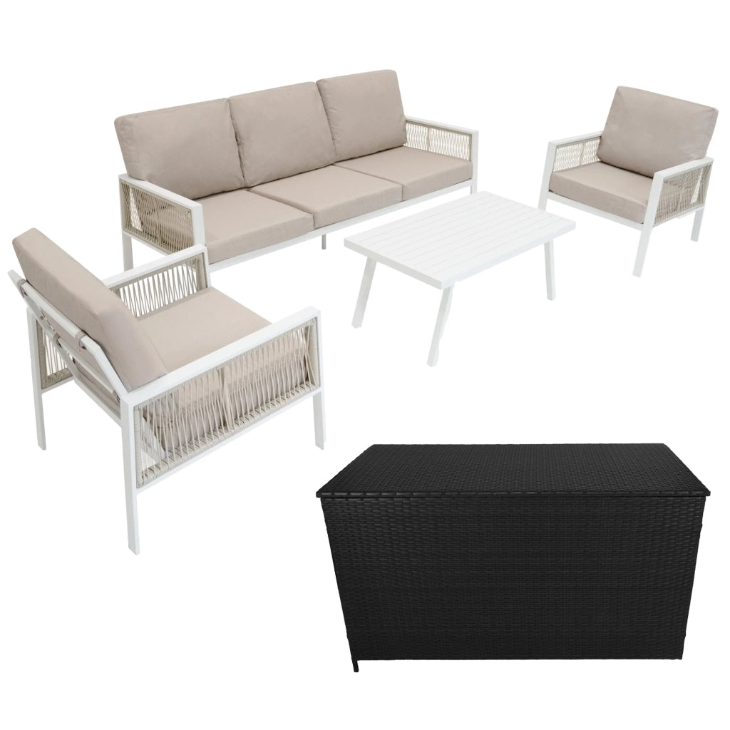 Set Mobili da Giardino 4pz Alluminio Bianco con Cassapanca Rattan Nera 582L