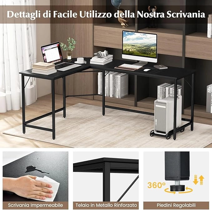 Scrivania Angolare Salvaspazio, Scrivania ad Angolo a Forma di L con Presa di Corrente, Supporto CPU e Telaio in Metallo Resistente, Scrivania per Computer da Casa e Ufficio (Nero)