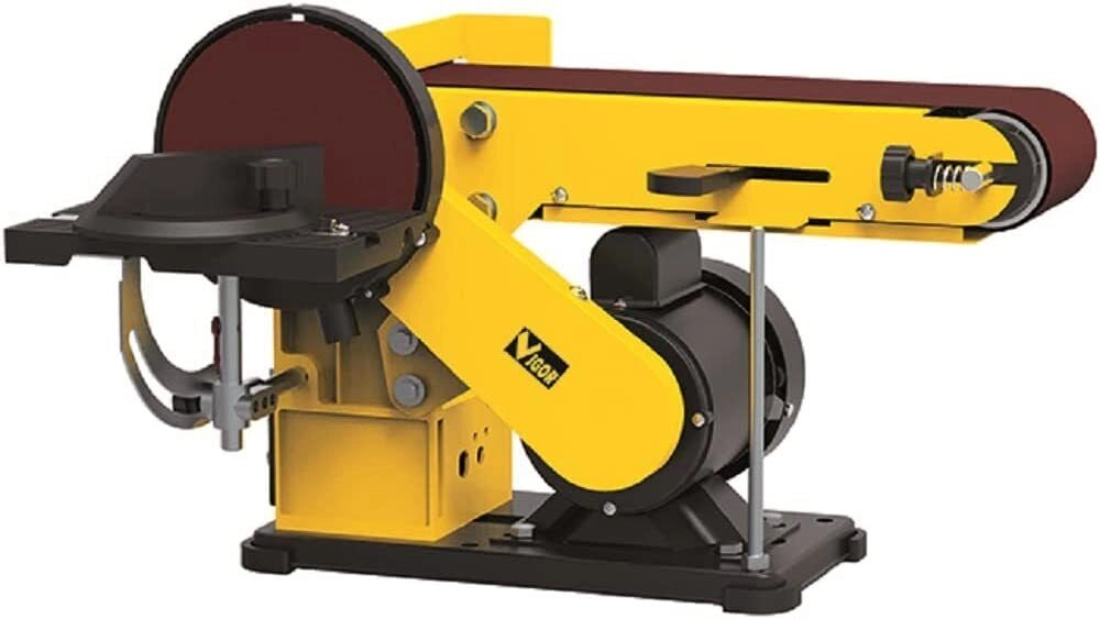 Vigor 9069510 Levigatrice a Nastro e Disco da Banco 350 W Disco 150 mm 1450 rpm Nastro 100x914 mm 292 m-min Inclinazione Piastra 0-90° colore Nero