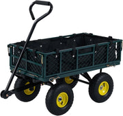 Carrello da Giardino in Metallo, Carretto a Mano con 4 Ruote Pneumatiche, Sponde Rete Rimovibili, Borsa Portaoggetti e Manico Regolabile, Portata 410 kg, per Giardinaggio, Trasporto e Fattoria