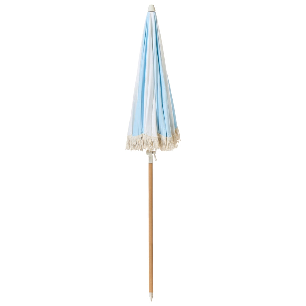 Ombrellone giardino tessuto azzurro e bianco palo in legno faggio 150 cm Ombrellone esterno rotondo giardino retrò inclinabile resistente ai raggi UV