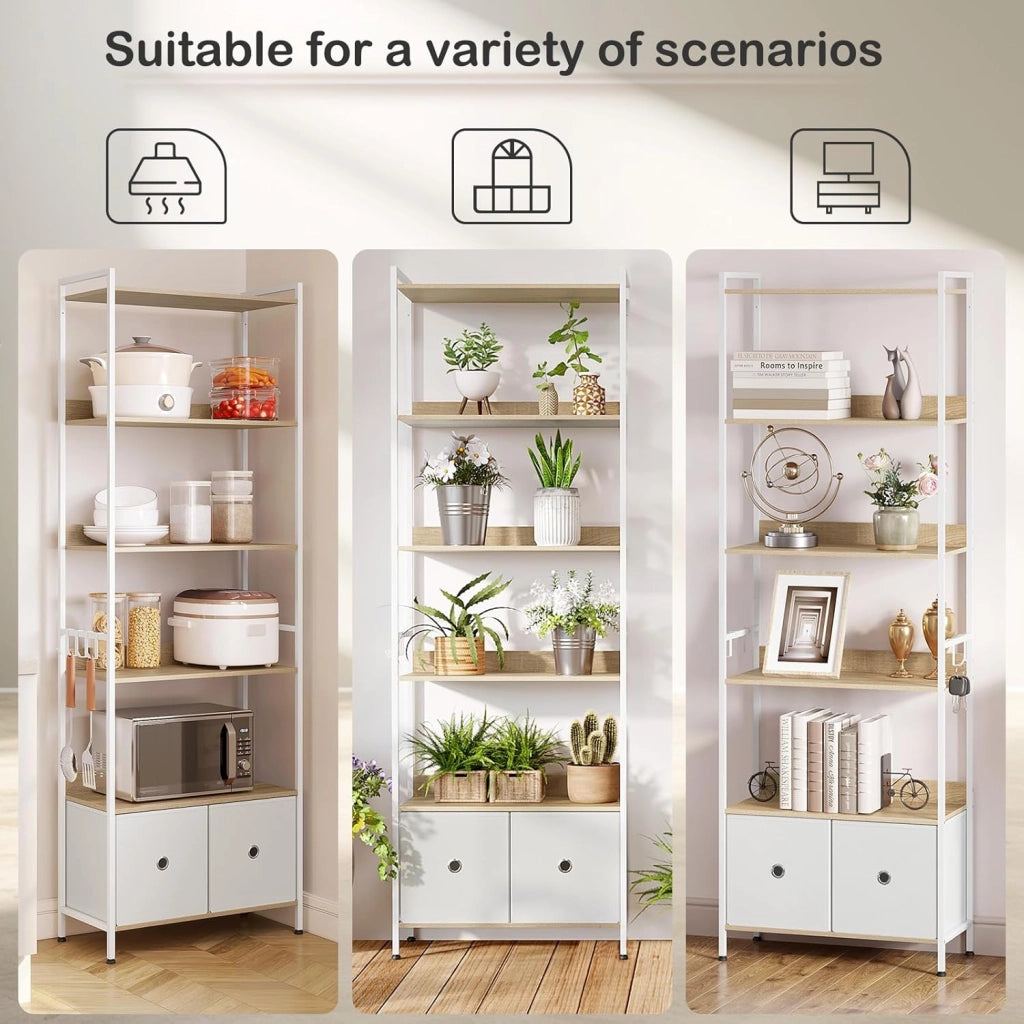 Libreria a 5 Piani con 2 Cassetti, Scaffale di Stoccaggio a Pavimento, Moderno, Struttura in Acciaio, Soggiorno/Ufficio/Studio/Cucina/Camera da Letto, Rovere Chiaro+Bianco, RGB62whe