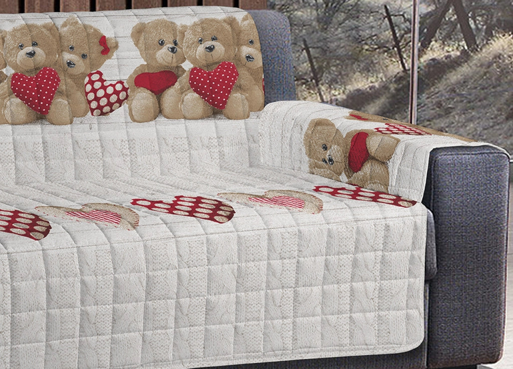 Copridivano-Copripoltrona Trapuntato Imbottito Disegno New Orsetti - 4 Posti - Rosso