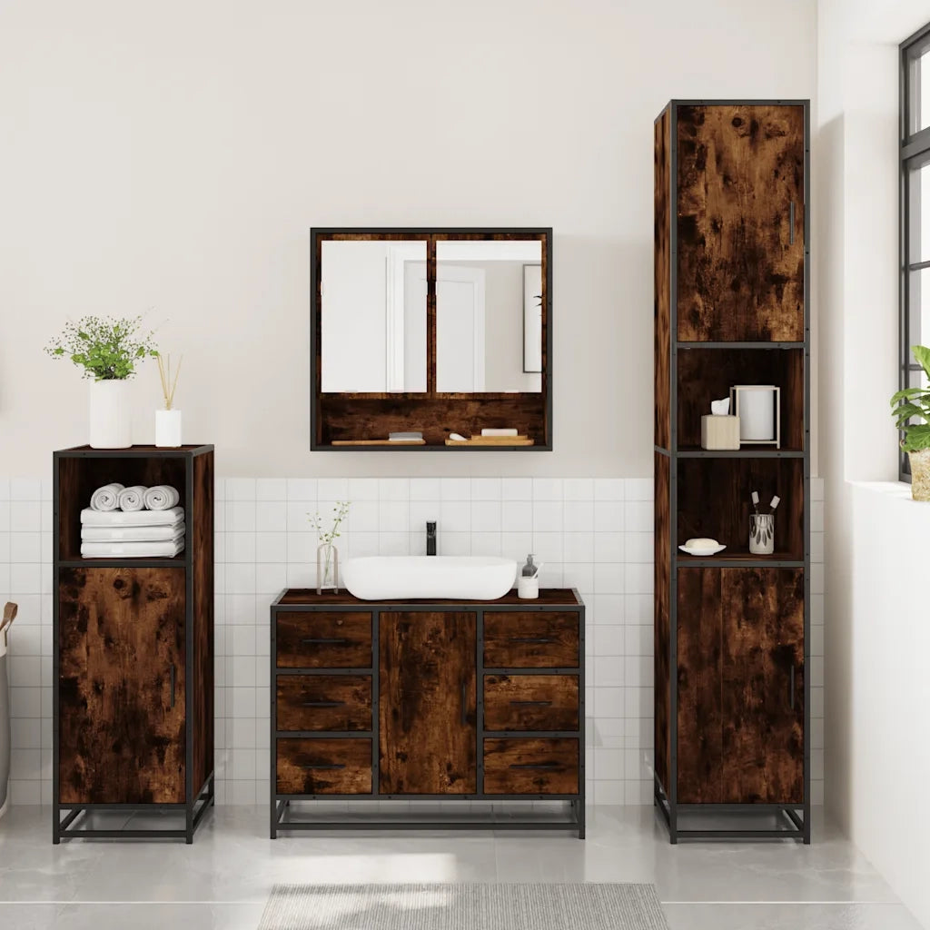 Set Mobili da Bagno 3 pz Rovere Fumo in Legno Multistrato