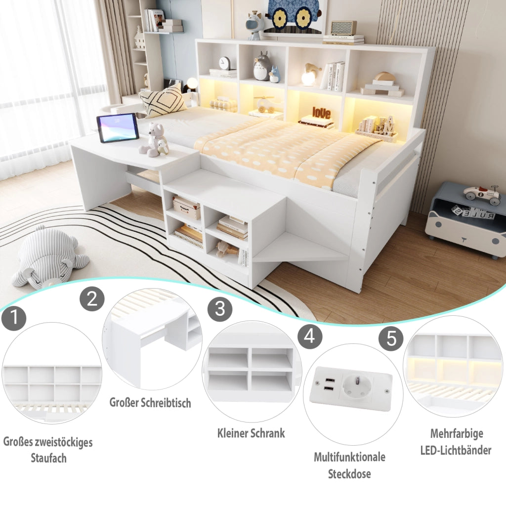 DESMIU Lit mezzanine 90 × 200 cm 1 posto con scrivania, vani contenitore, LED, USB e presa, senza materasso, bianco