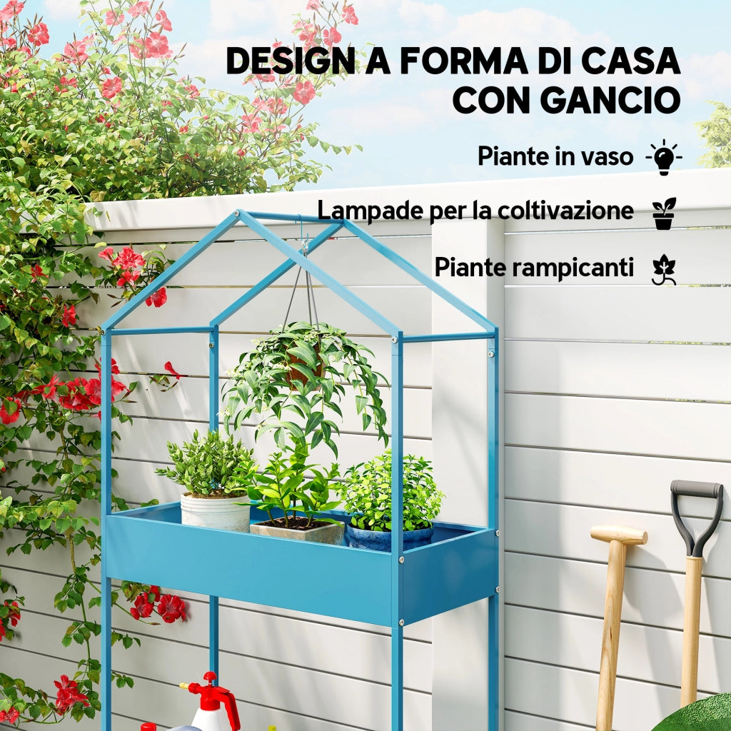Portavasi a 2 Livelli in Metallo a Forma di Casetta con Gancio, 75x35x150 cm, Blu Verde