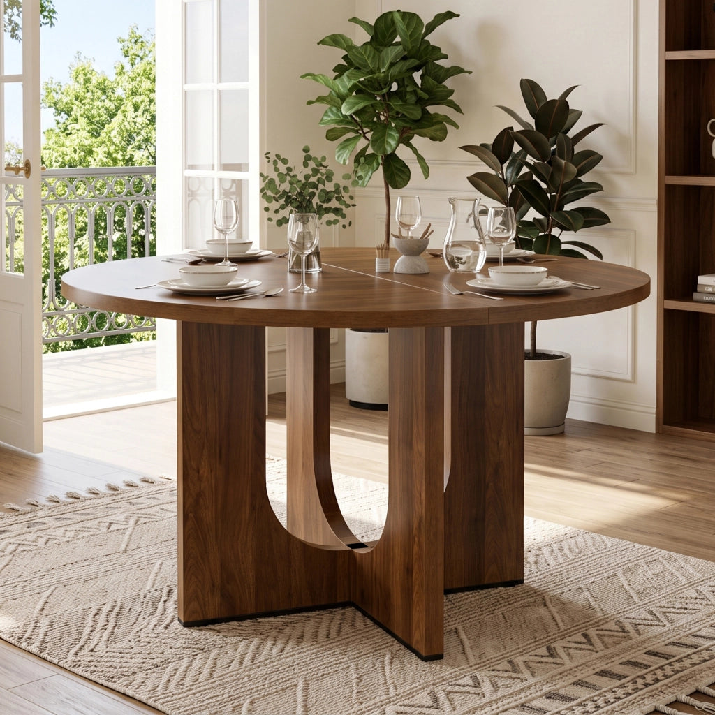 Tavolo da pranzo per 4-6 persone con piano rotondo, stile nordico, in MDF, colore noce, diametro 120 cm