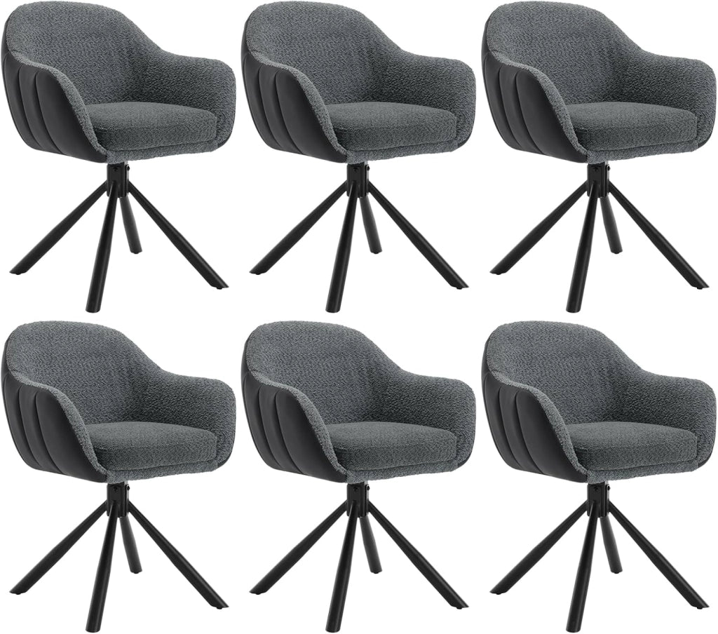 Set 6 Sedie Sala da Pranzo, Sedia Cucina con Braccioli e Schienale, Poltroncina Girevole, per Salotto, Camera da Letto, Gambe in Metallo, Ciniglia+Ecopelle, Grigio Scuro+Antracite, EZS04dgr-6