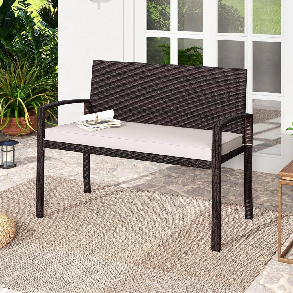 Panchina da Esterno in Rattan PE 110 x 56 x 84 cm, Panchina da Giardino con Morbido Cuscino, Schienale e Braccioli, Poltrona per Veranda, Balcone e Ingresso (Bianco)