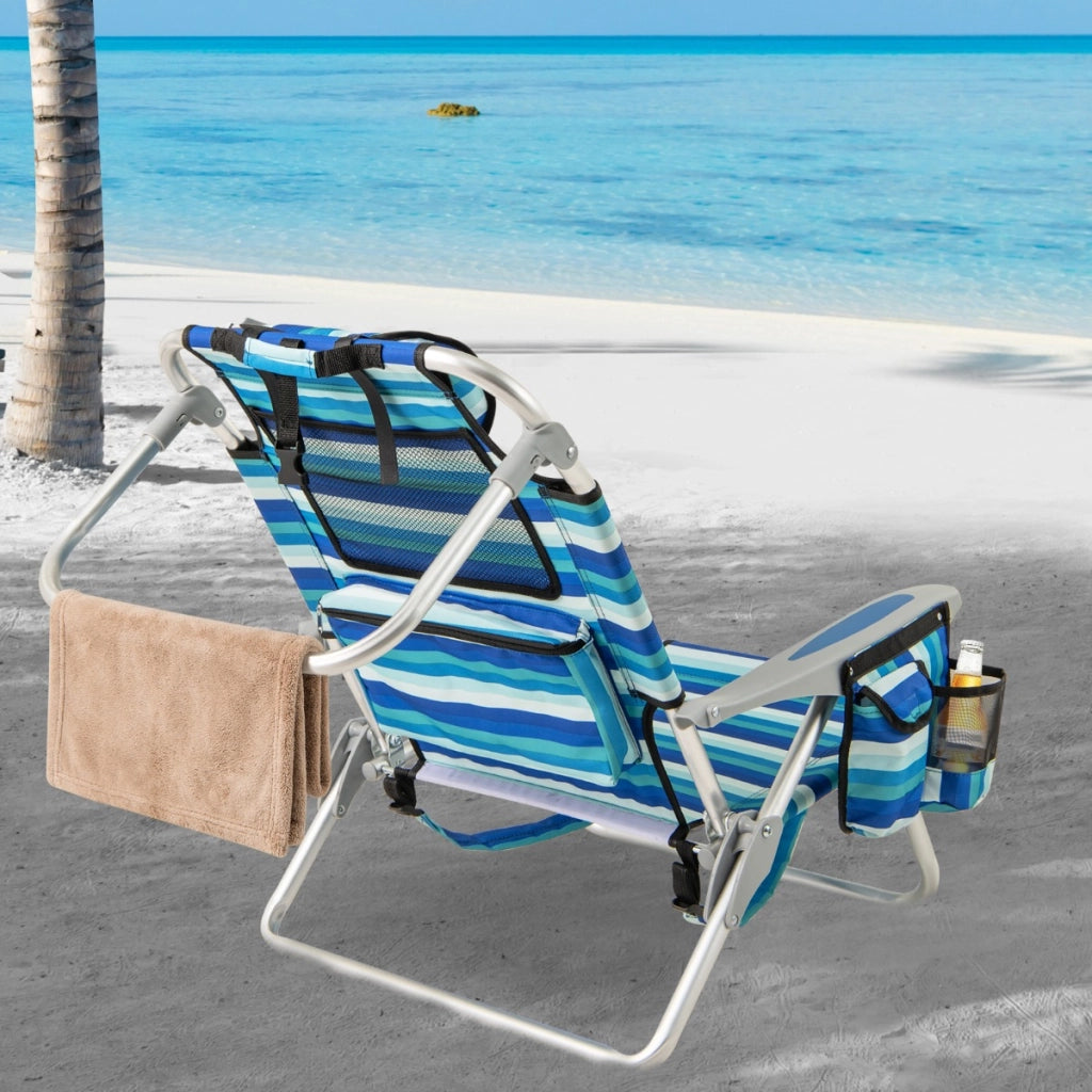 Sedia pieghevole da spiaggia per adulti telaio in alluminio borsa termica , Sedia bassa da sabbia leggera con schienale regolabile Blu