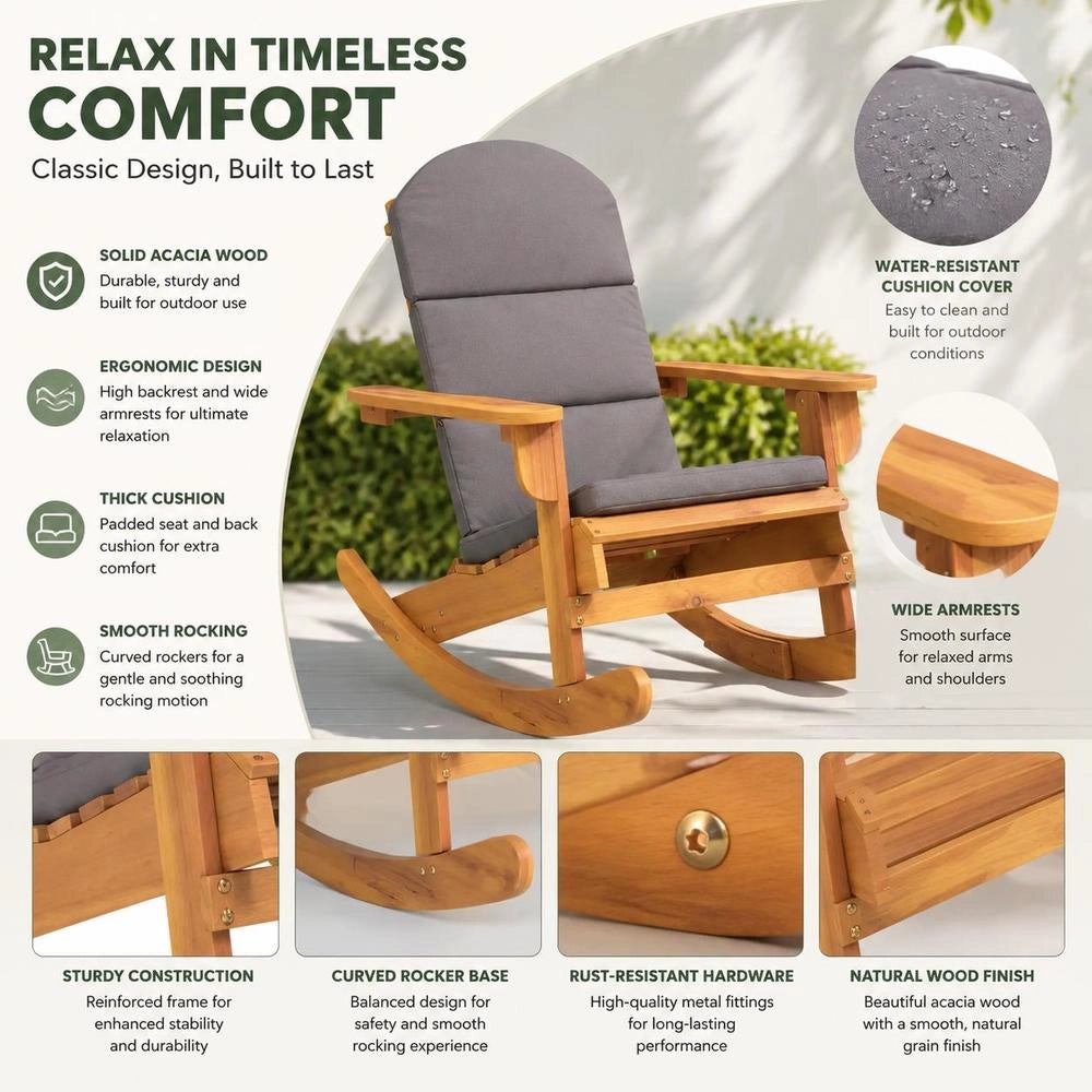 Adirondack Rocking Chair With Cushion, Solid Acacia Wood