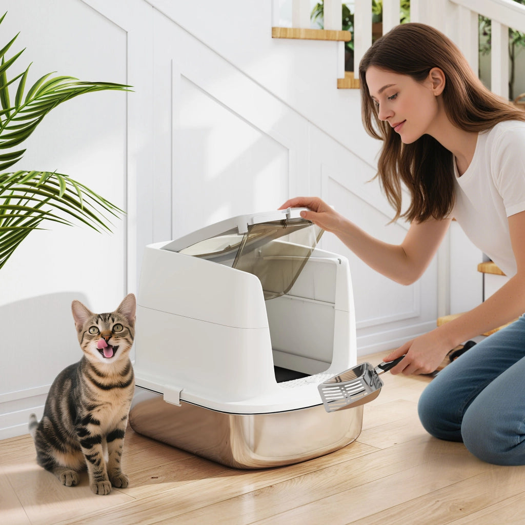 Casetta per gatti chiusa in acciaio inox con paletta e sacchetti antiodore ¨C zephmum ¨C 56x42x38