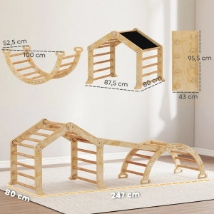 Set palestra indoor 9 in 1 in legno con scala, arco, scivolo double face e lavagna