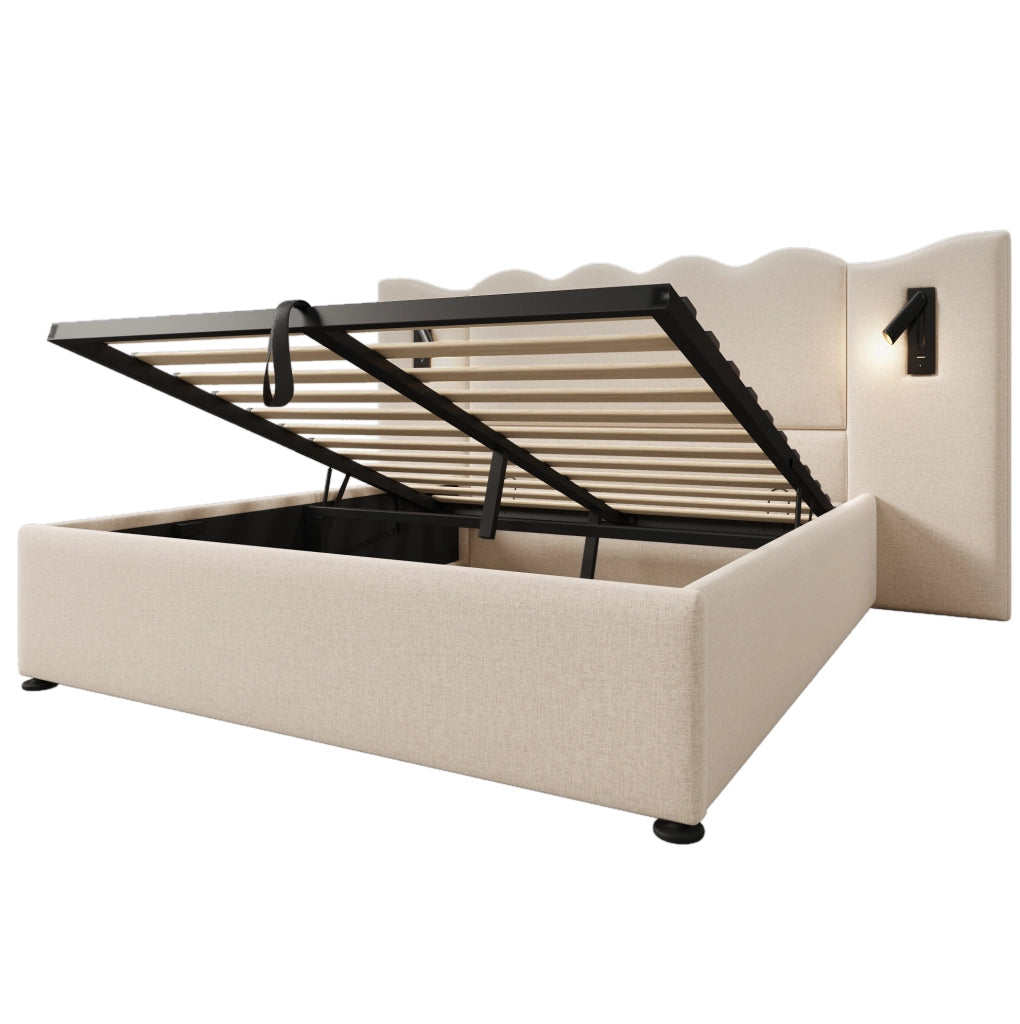 Letto 160x200 cm con luce da lettura e ricarica USB; in lino beige