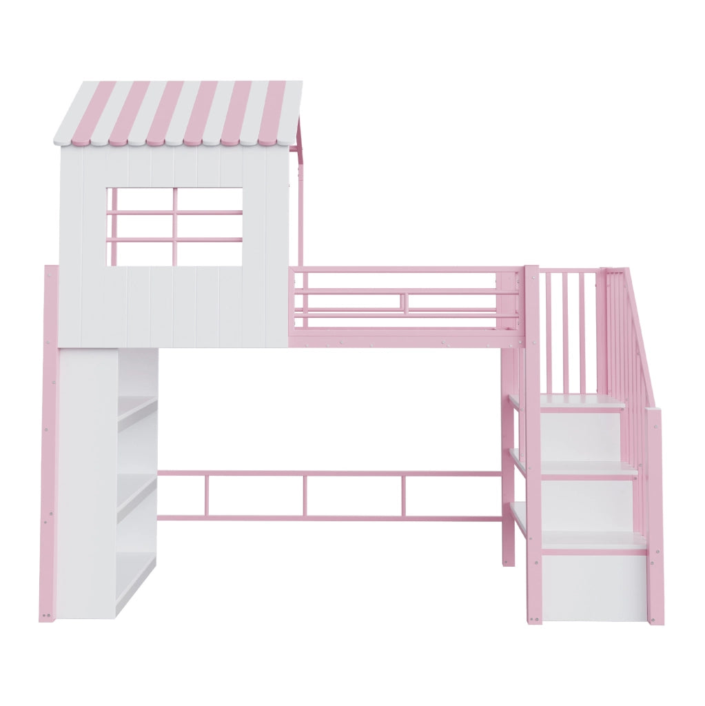 Letto a soppalco multifunzione 90 x 200 cm con scala contenitore e scaffale; rosa