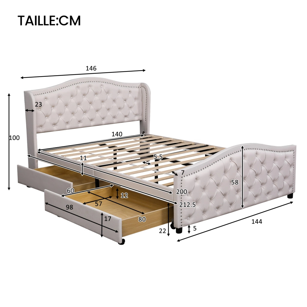 Letto Matrimoniale 140x200 cm; Contenitore con 2 Cassetti e Testiera Capitonné in PU Bianco