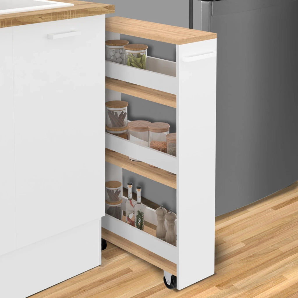 IDMarket - Carrello da cucina salvaspazio HAGA a 3 ripiani, bianco e effetto faggio