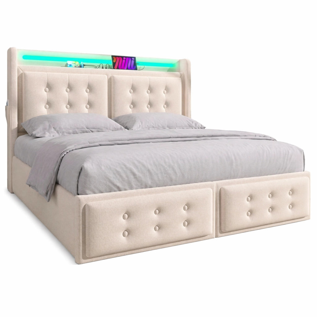Letto matrimoniale imbottito 160x200 cm con LED; prese USB e contenitore; beige in cotone-lino
