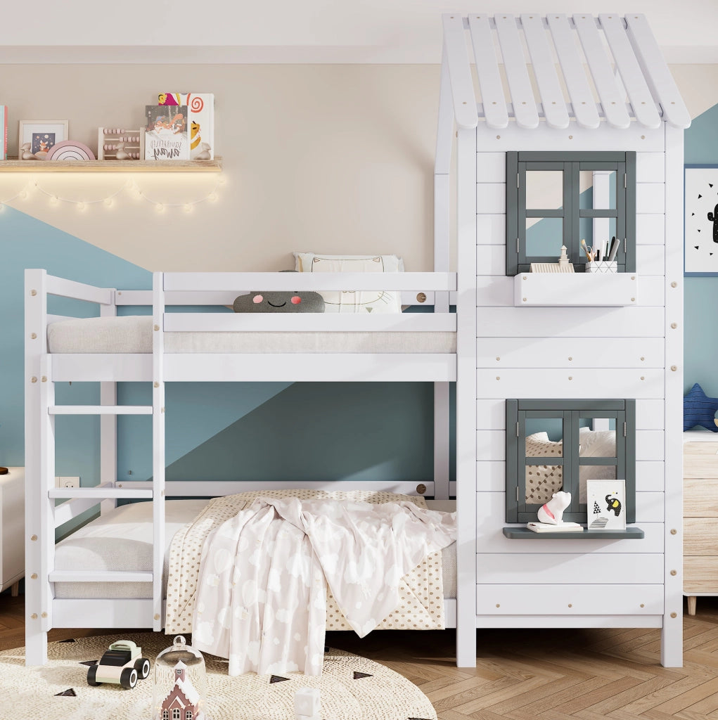 Letto a castello a casetta 90x200 cm bianco e grigio