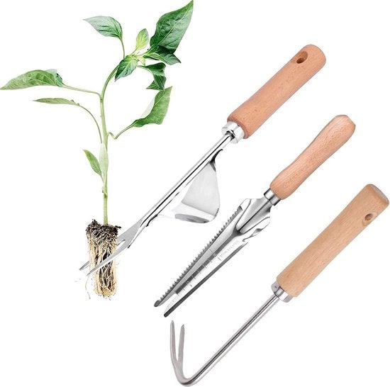 Tre onkrudidestruttori a mano, onkrudidestruttore weeder, onkrudidestruttore con acciaio, onkrudidestruttore manuale per giardinaggio, potatura, estirpazione.