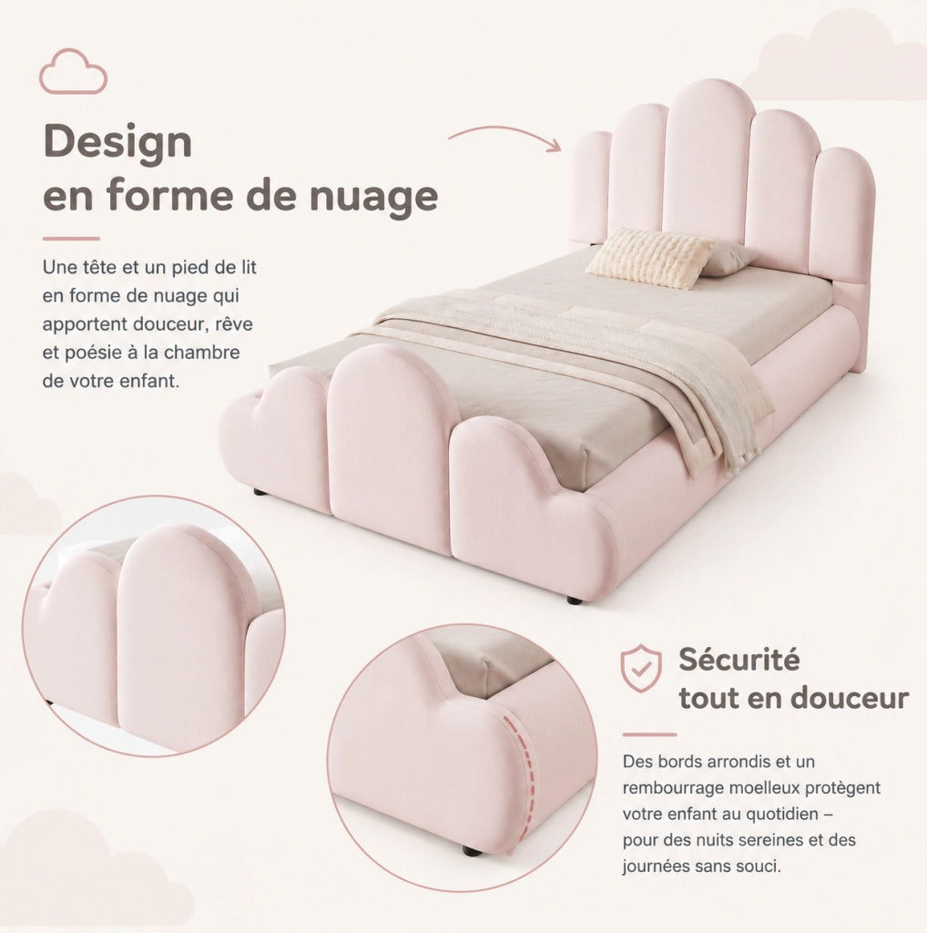 Letto singolo imbottito 90x200 cm in velluto rosa con testiera arrotondata e rete inclusa