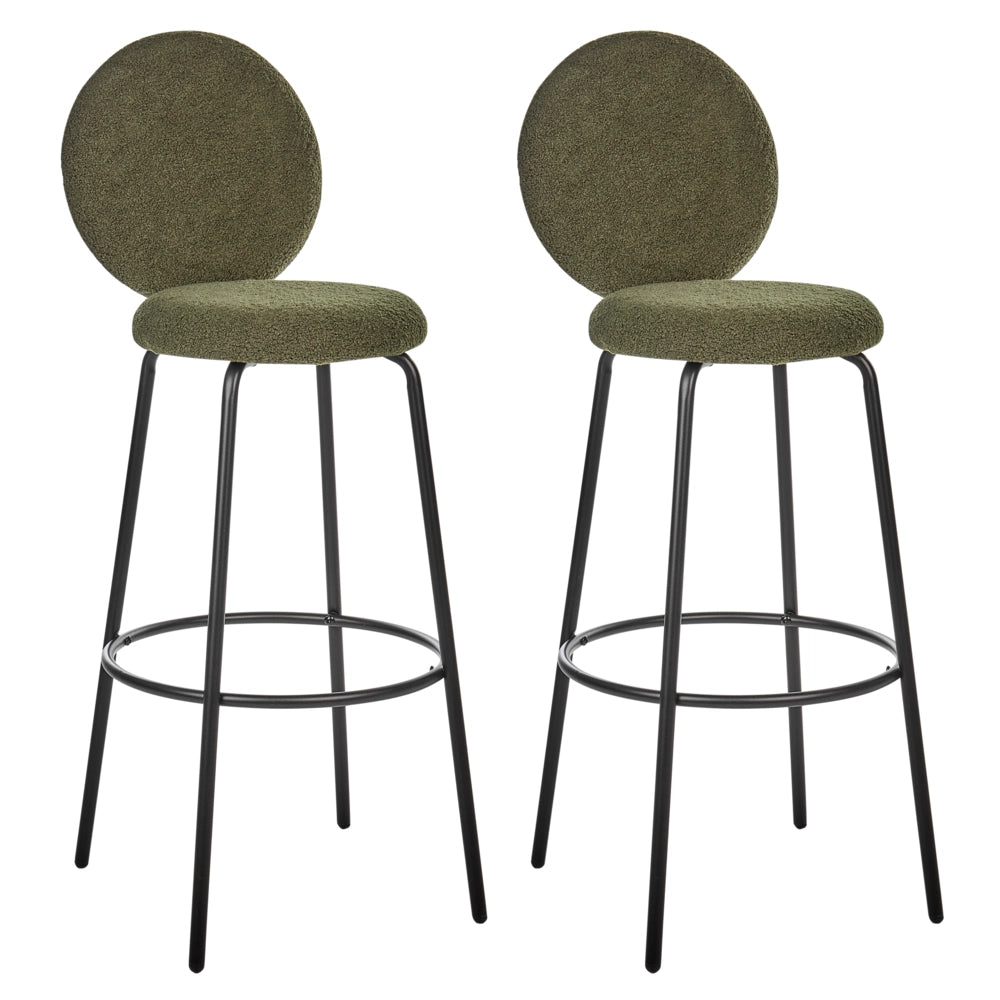 Set di 2 sedie da bar bouclé verde con gambe in acciaio e schienale rotondo soggiorno salotto