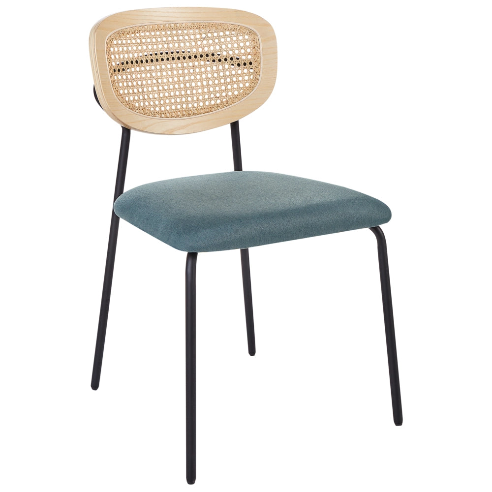 Set di 2 sedie da pranzo Rivestimento in poliestere blu Schienale in rattan naturale a treccia viennese Gambe in metallo nero Sgabelli senza braccioli