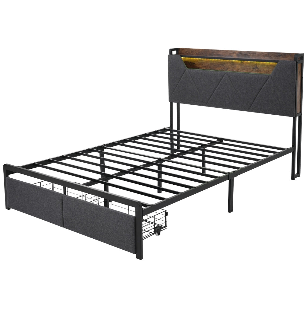 Letto matrimoniale 140x200 cm con LED; USB C; testiera contenitore e 2 cassetti; tessuto grigio