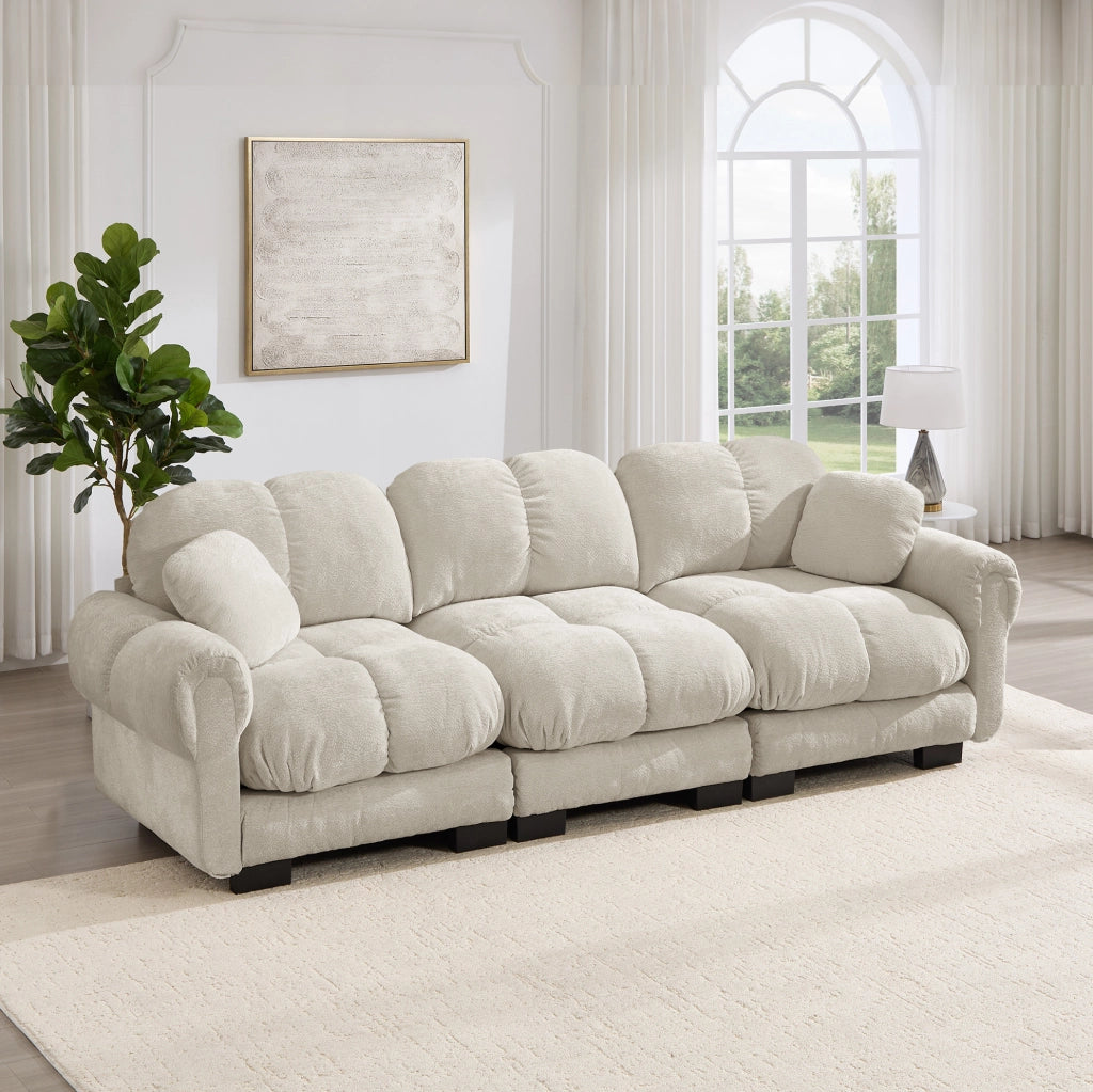 Divano modulare in chenille 260x86x90 cm con seduta trapuntata; cuscino incluso; kaki chiaro