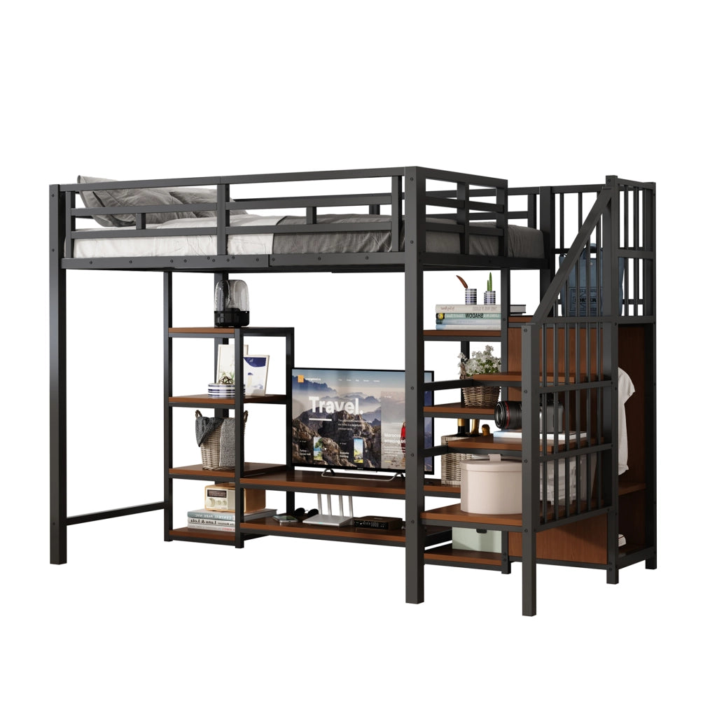 Letto a Soppalco Singolo con Supporto TV; Presa e Scala Contenitore; 90×200 cm; senza Materasso; Nero