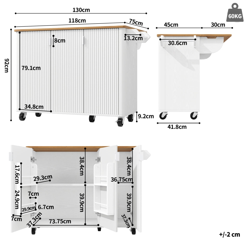 Isola da cucina 130x45(75)x92 cm con piano ribaltabile; ripiani regolabili; MDF bianco