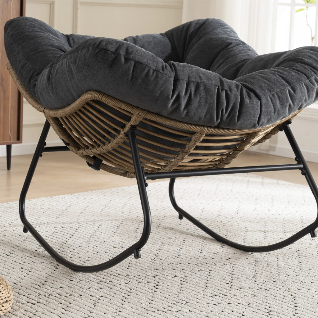 Poltrona a dondolo papasan in ciniglia con struttura ergonomica e funzione relax per soggiorno, camera da letto e terrazzo, nero
