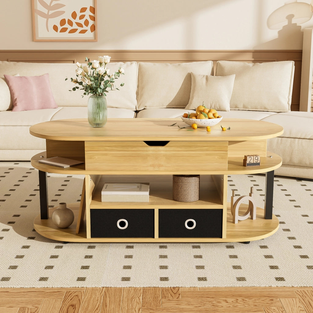 OKWISH Tavolino da Salotto Rettangolare con Piano Sollevabile, 2 Cassetti in Tessuto e Vano, Nero e Legno, 105 x 50 x 45/60 cm