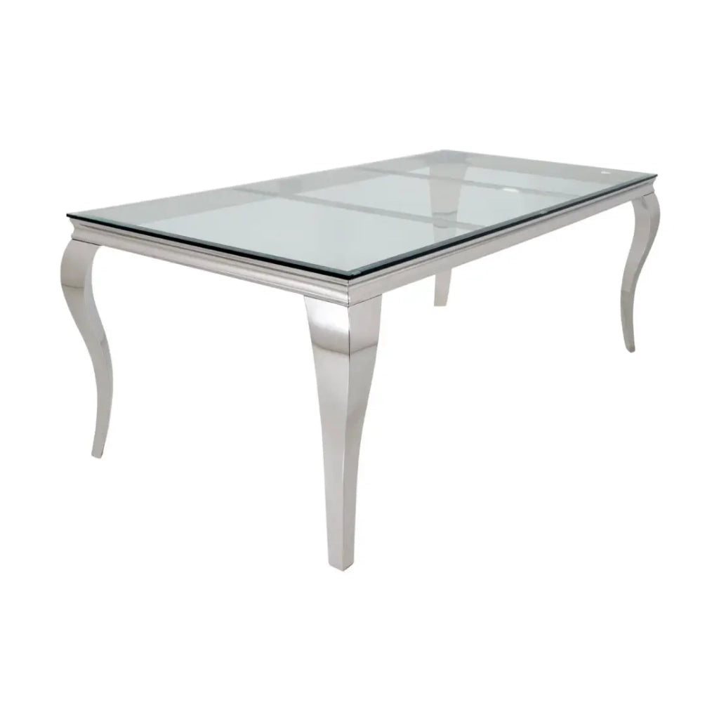 Tavolo da pranzo VELENA – Rettangolare 200 cm – Vetro temperato e acciaio argentato – Stile barocco chic