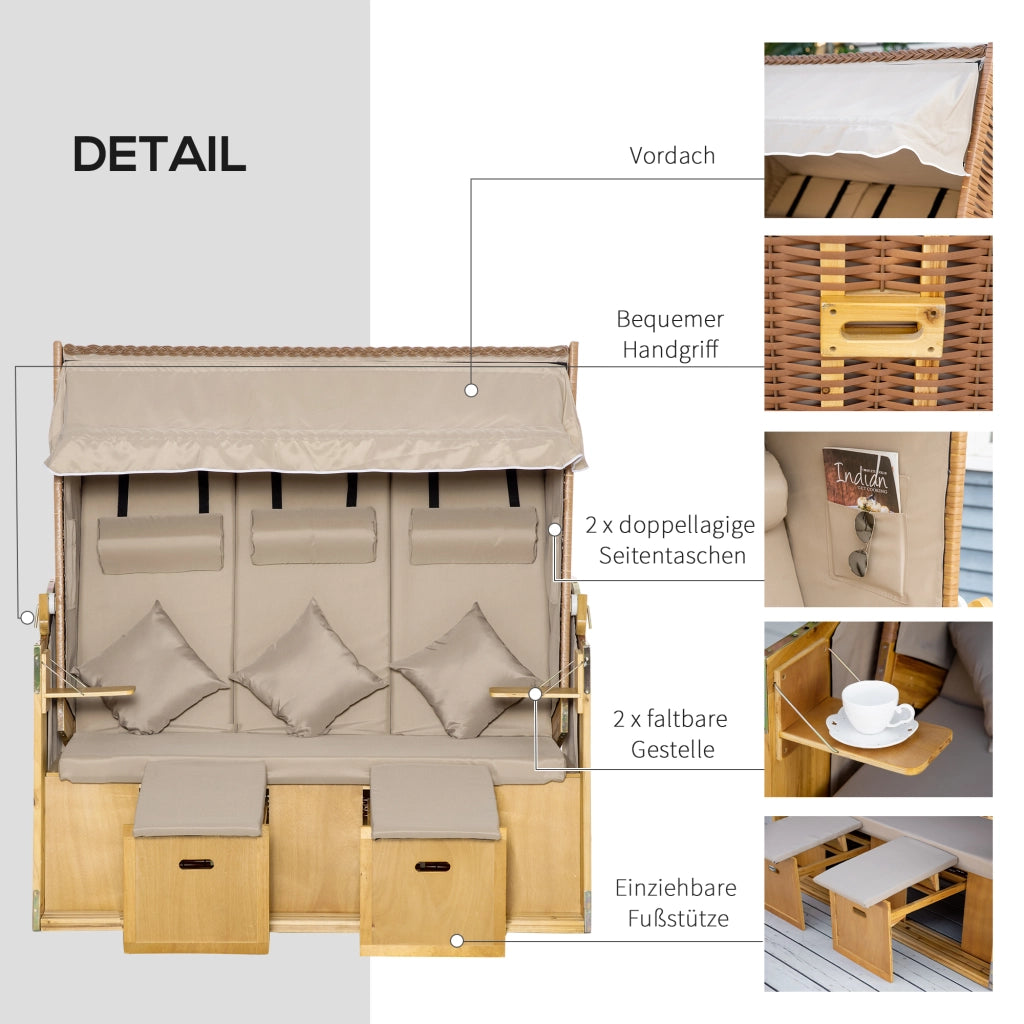 Lettino 3 posti con tetto e tavolini ¨C zephmum ¨C Polyrattan Natur 150x79x160 cm