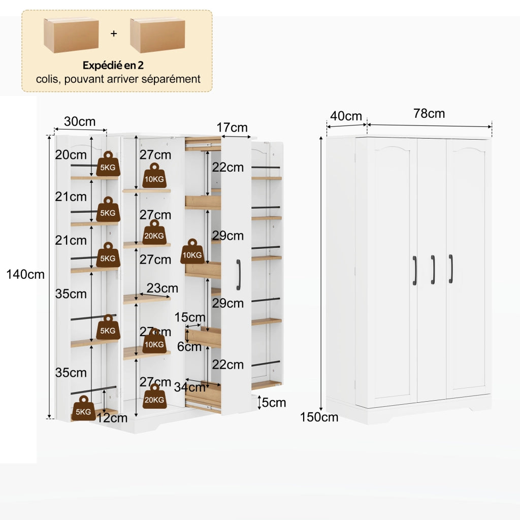 Mobile cucina con doppia anta, estraibile verticale a 4 livelli, ripiani regolabili e struttura in MDF - 150 x 78 x 40 cm, Bianco