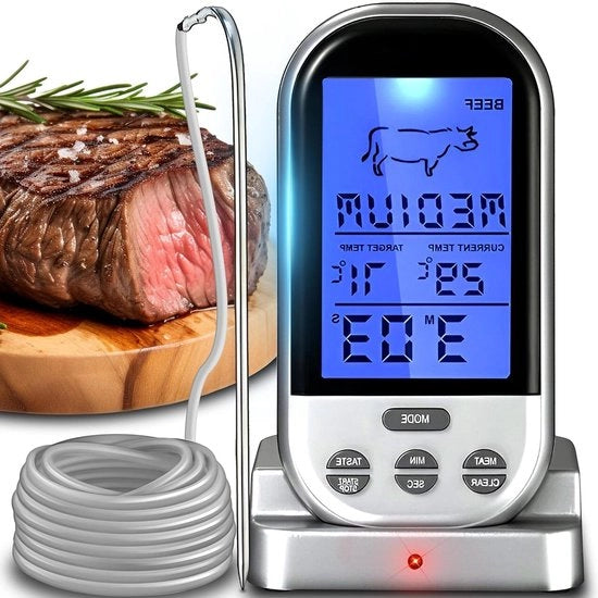 Termometro a Infrarossi Digitale Senza Fili con Prodotto da Forno - BBQ, Cottura al Forno, Arrosto - Intervallo di Temperatura fino a 250°C - 1m di Cavo