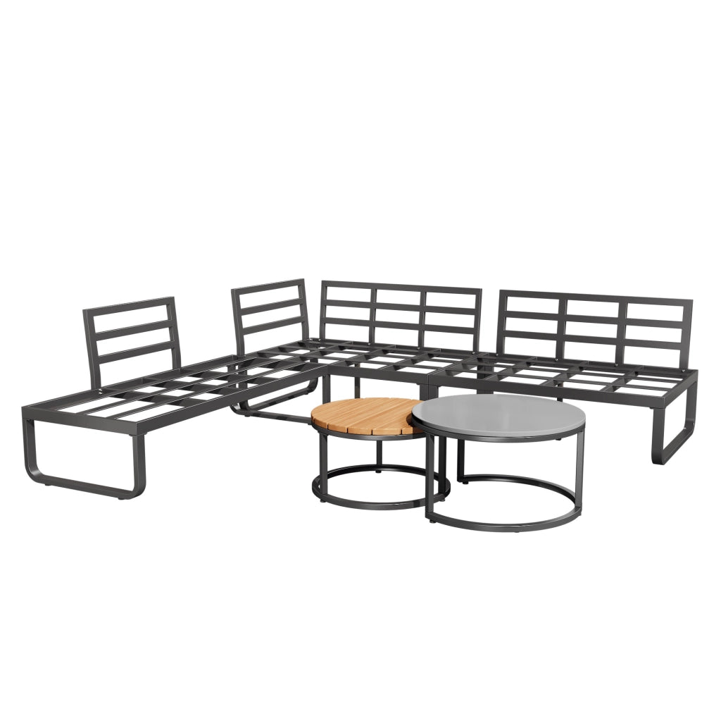 Set da giardino 5 posti con cuscini e 2 tavolini sovrapponibili; ferro zincato grigio