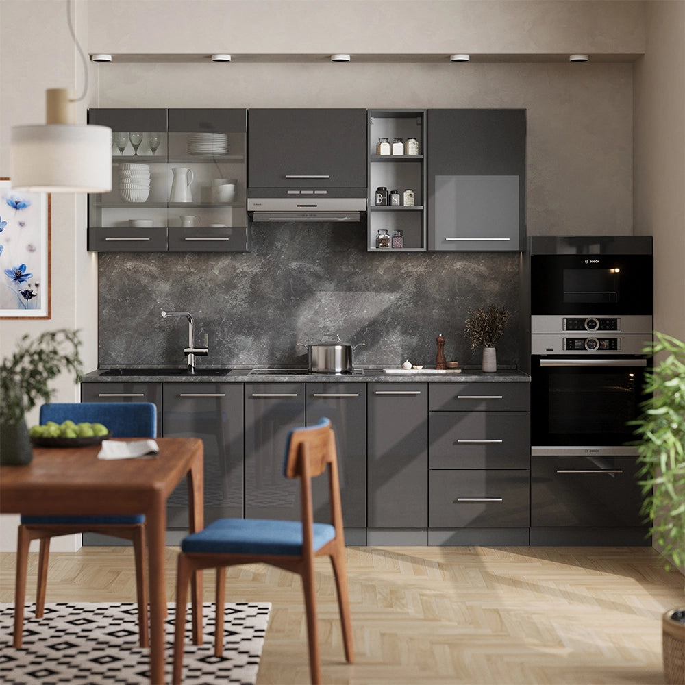Cucina componibile Fame-Line Antracite lucido/Antracite 280 cm, PL Marmo Vicco