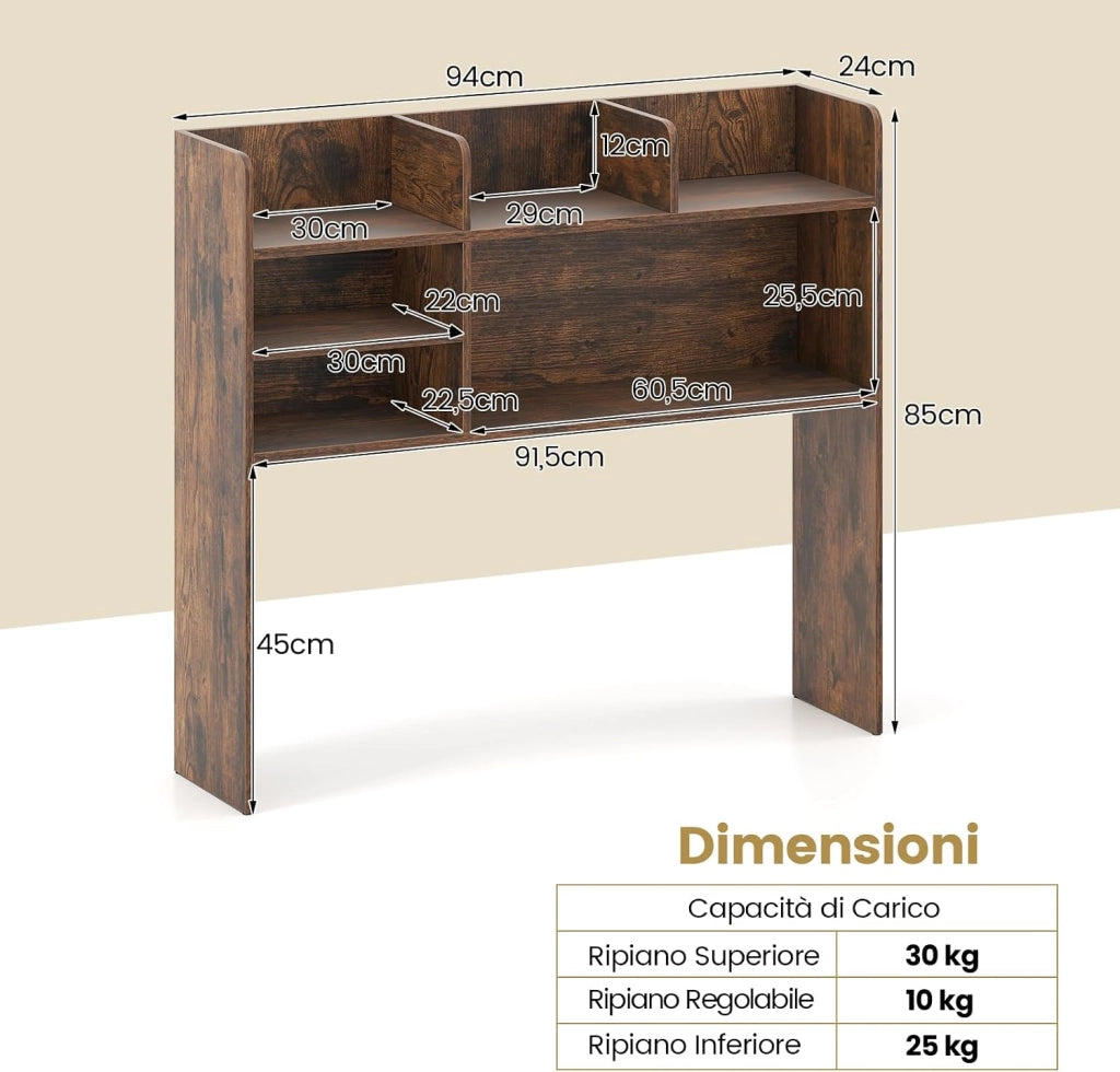 Libreria da Scrivania, Scaffale da Scrivania con 6 Ripiani in Legno, Scomparto Aperto per Monitor 32", Espositore per Dormitori Uffici Studio, 94 x 24 x 85 cm (Marrone)