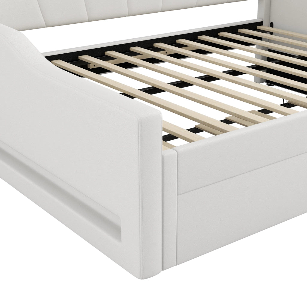 Letto imbottito 140x200 cm con LED laterali e letto estraibile beige