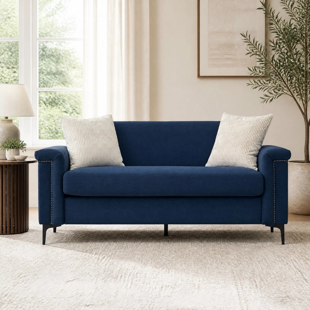 Divano Lineare 2 Posti Scandinavo con Seduta Imbottita e Gambe in Metallo in Poliestere Blu 172 cm