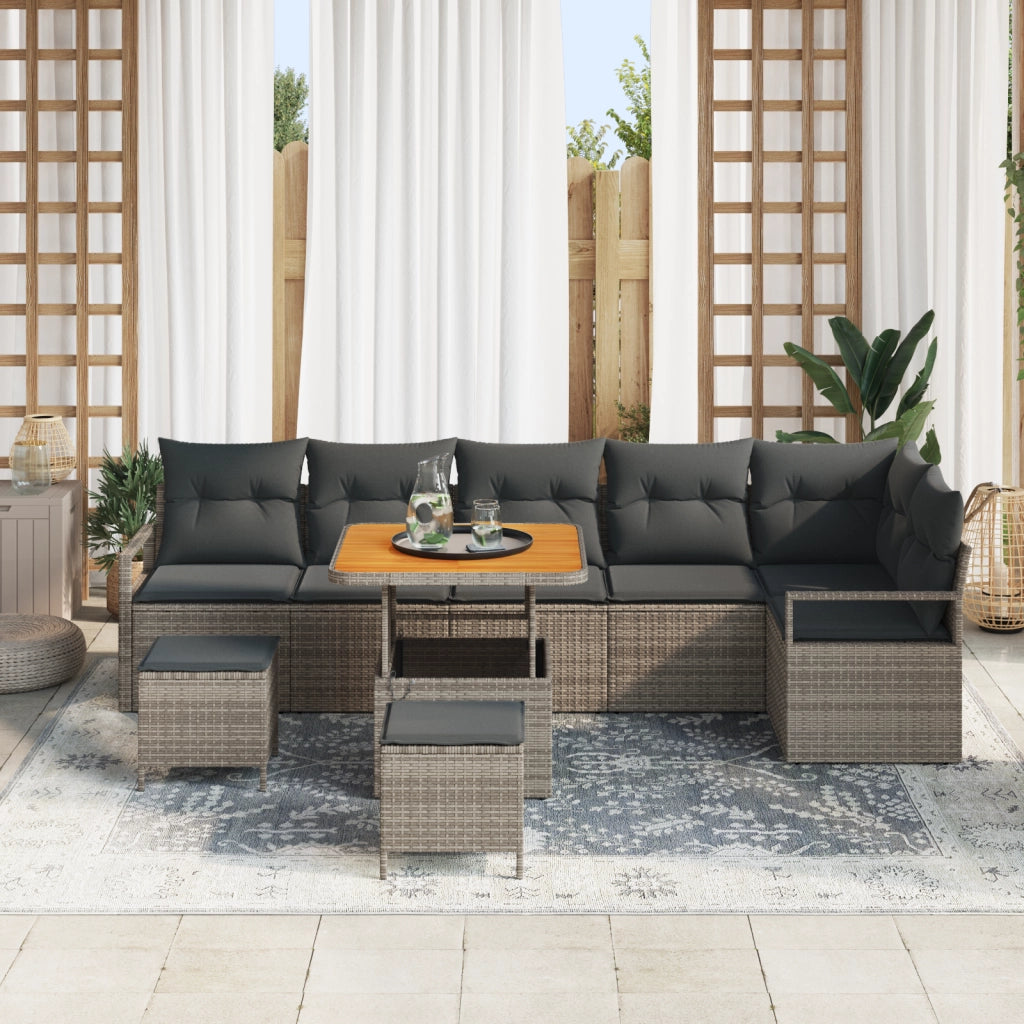 Set di divani da giardino  9 pezzi con cuscini Grigio Polirattan Acacia