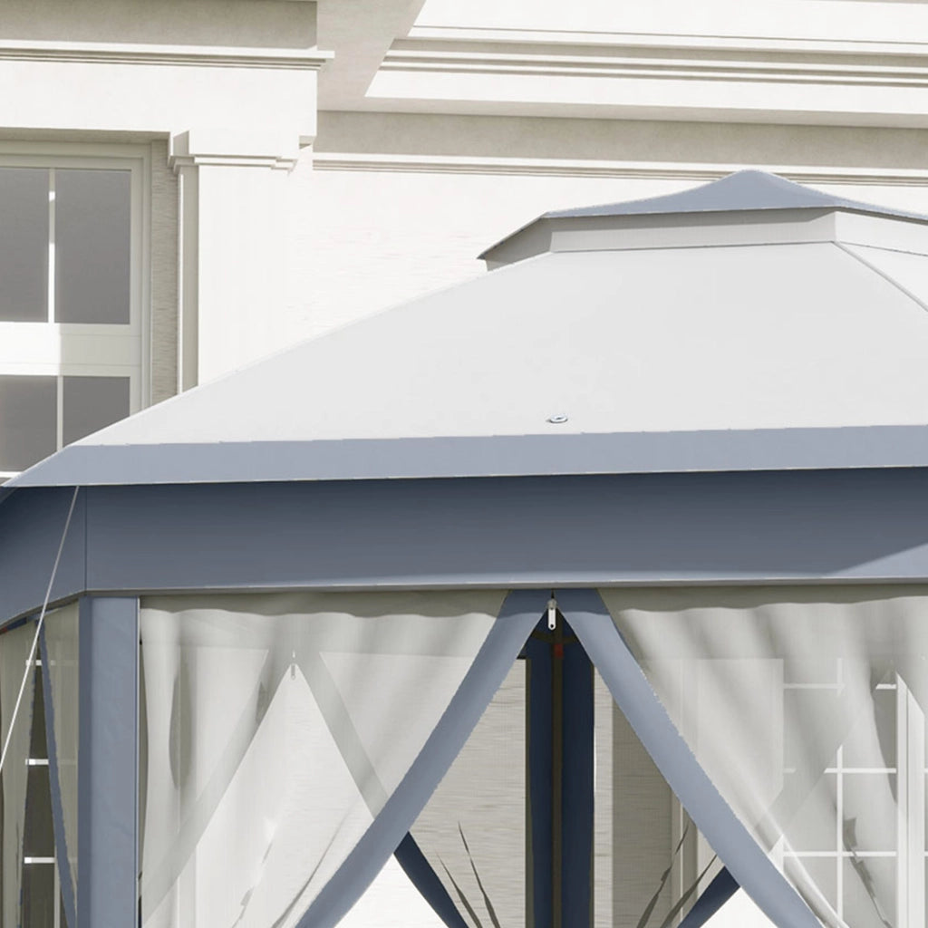 Gazebo pieghevole 4 x 4m in stile esagono tende a rete; tetto idrorepellente per feste barbecue grigio+bianco