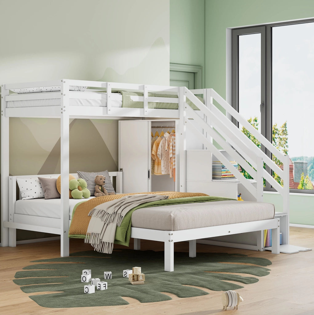 Letto a castello con armadio e scala contenitore; 90x200 cm + 140x200 cm; bianco