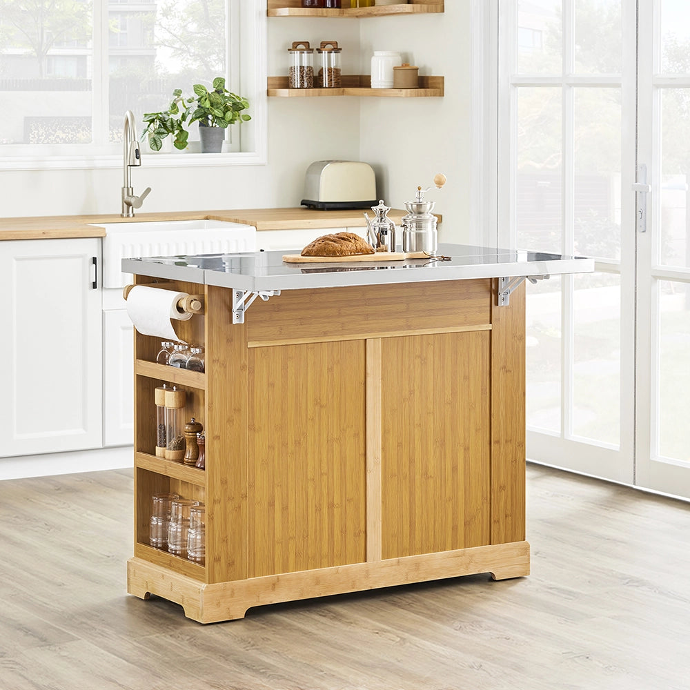 SoBuy Isola Cucina su Ruote con Piano di Lavoro Estendibile, Mobiletto Salvaspazio, Carrello da Cucina con Ruote, con Due Cassetti e Ripiano Regolabile Naturale 107x(46–71) x92,5 cm FKW130-N